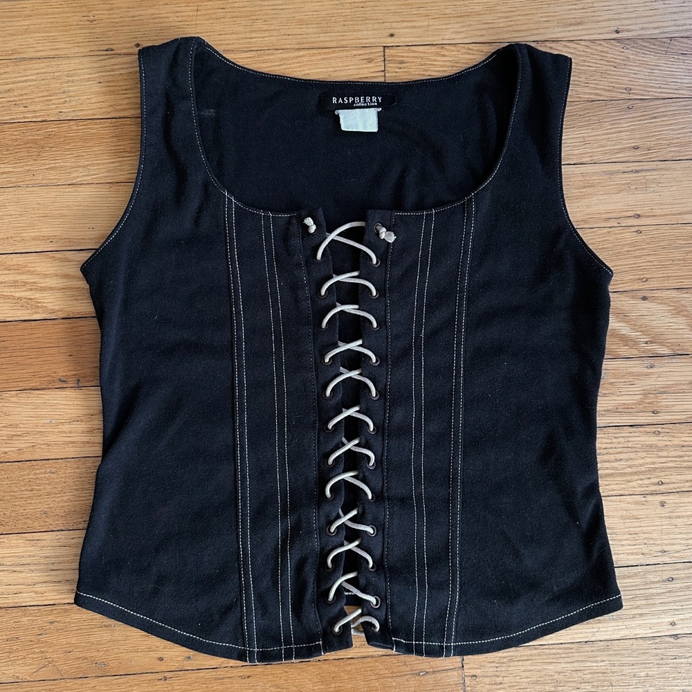 SOLD true vintage y2k lace up corset black tank top vest cropped medium